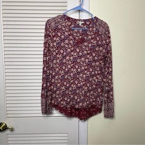 Lucky Brand Womens Size Small red Long Sleeve Boho Top Hi Low Lightweight